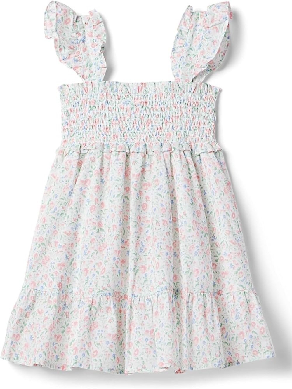 Janie and Jack Girls Floral Smocked Cotton Dress Size 6 Pink Blue Ruffle Strap